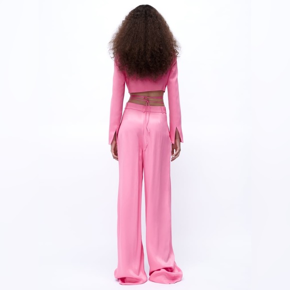 Zara Set - Pink Cropped Satin Effect Blazer & Full Length Pants - Picture 11 of 17